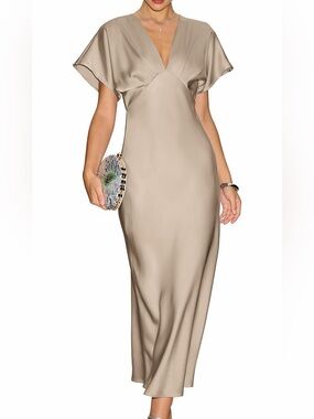 RIHOAS Champagne Satin V-Neck Maxi Dress